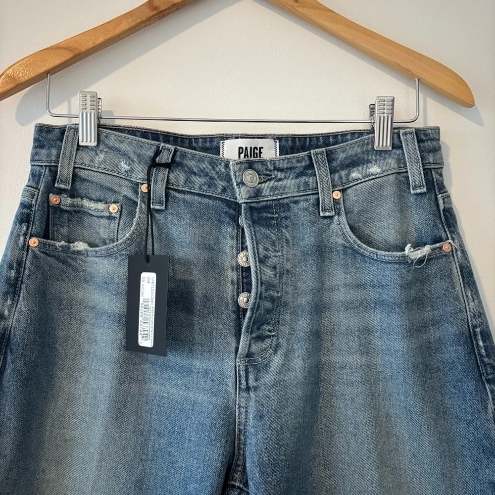 NWT PAIGE Alexis High Rise Barrel Leg Cats Meow Distressed Medium Wash Jeans - Picture 6 of 16